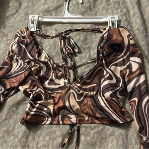 Brown Swirl Long Sleeve Crop Top
